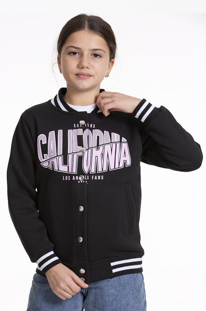 Girl's College Jacket California Printed Buttoned Snap Fastener Bomber Jacket AK2511337