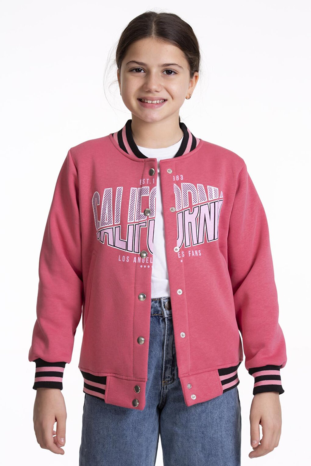 Girl's College Coat California Printed Button-Up Snap Bomber Jacket AK2511337