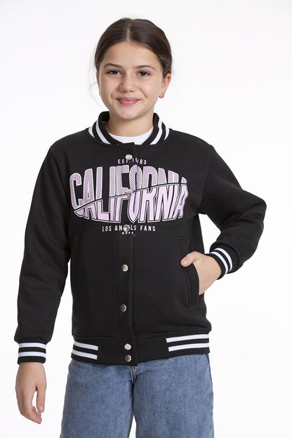 Girl's College Coat California Printed Button-Up Snap Bomber Jacket AK2511337