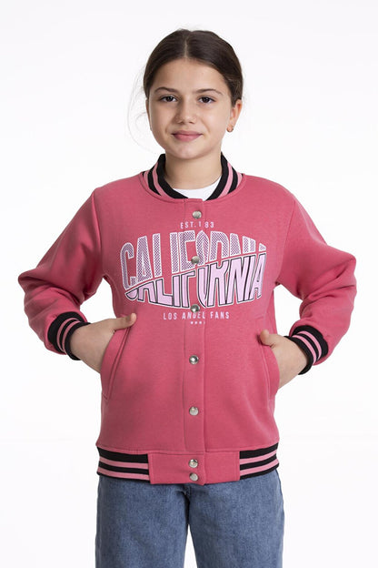 Girl's College Coat California Printed Button-Up Snap Bomber Jacket AK2511337