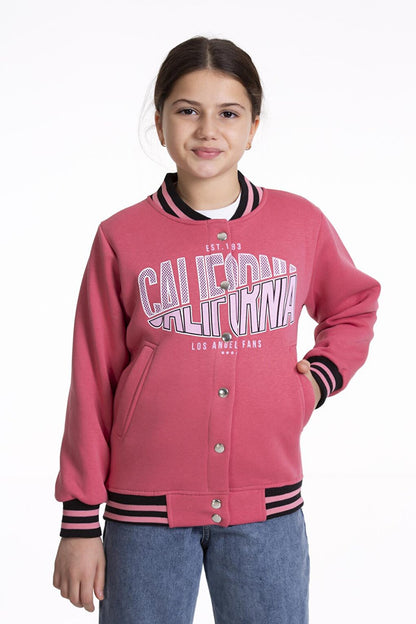 Girl's College Coat California Printed Button-Up Snap Bomber Jacket AK2511337