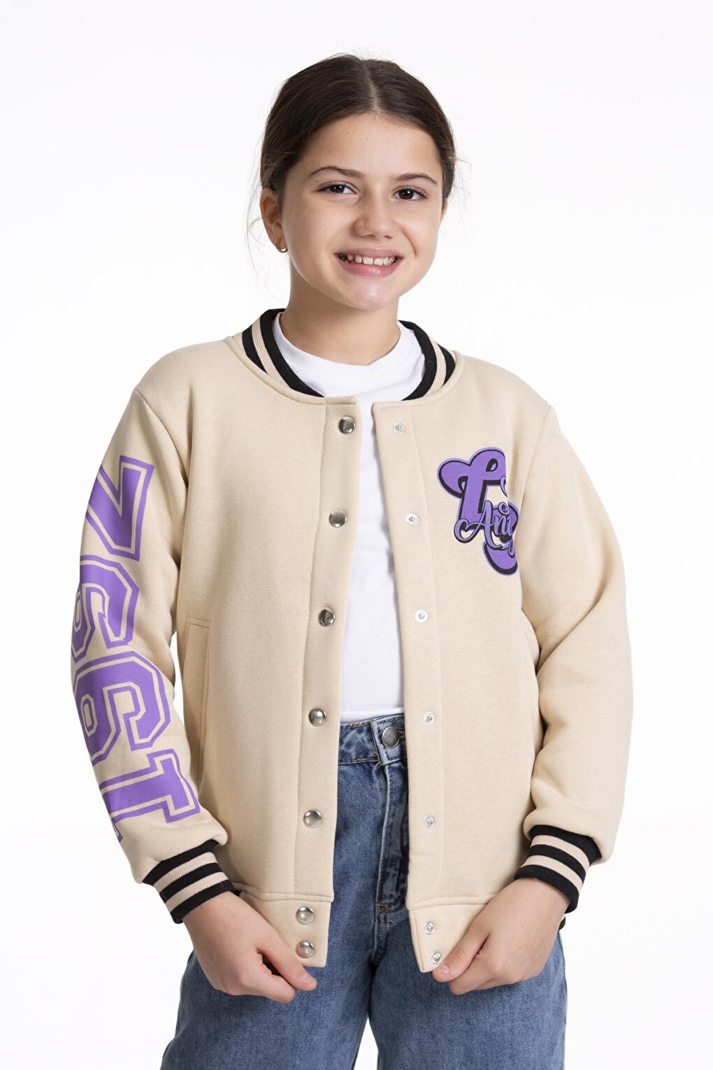 Girl's College Coat Los Angeles Printed Button-Up Snap Bomber Jacket AK2512339