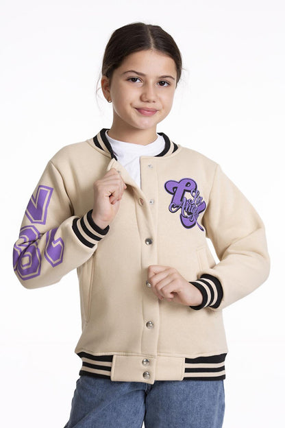 Girl's College Jacket Los Angeles Printed Buttoned Snap Fastener Bomber Jacket AK2512339