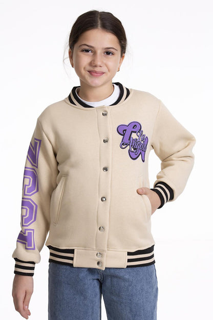 Girl's College Jacket Los Angeles Printed Buttoned Snap Fastener Bomber Jacket AK2512339