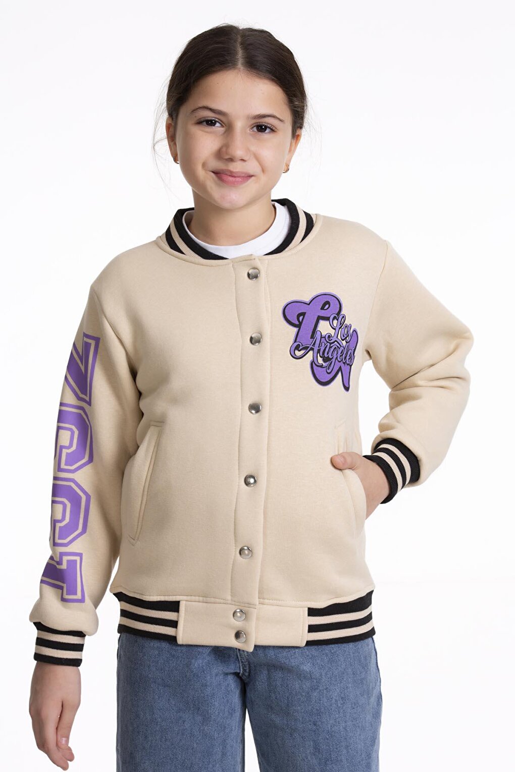 Girl's College Coat Los Angeles Printed Button-Up Snap Bomber Jacket AK2512339