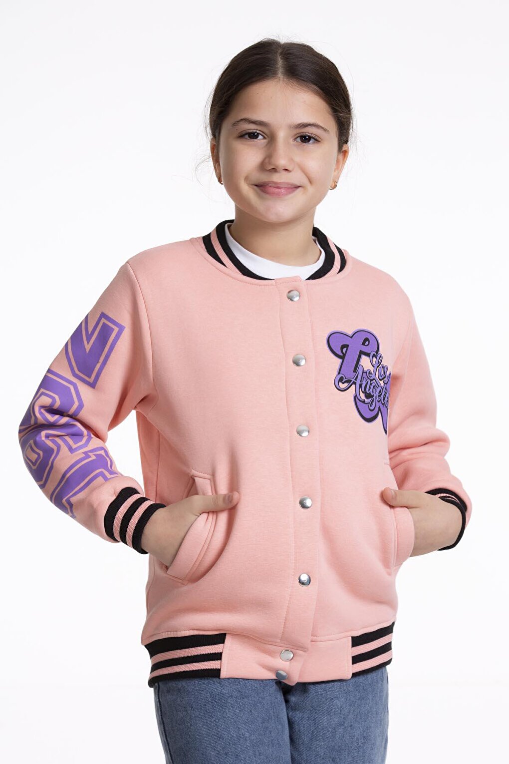 Girl's College Jacket Los Angeles Printed Buttoned Snap Fastener Bomber Jacket AK2512339