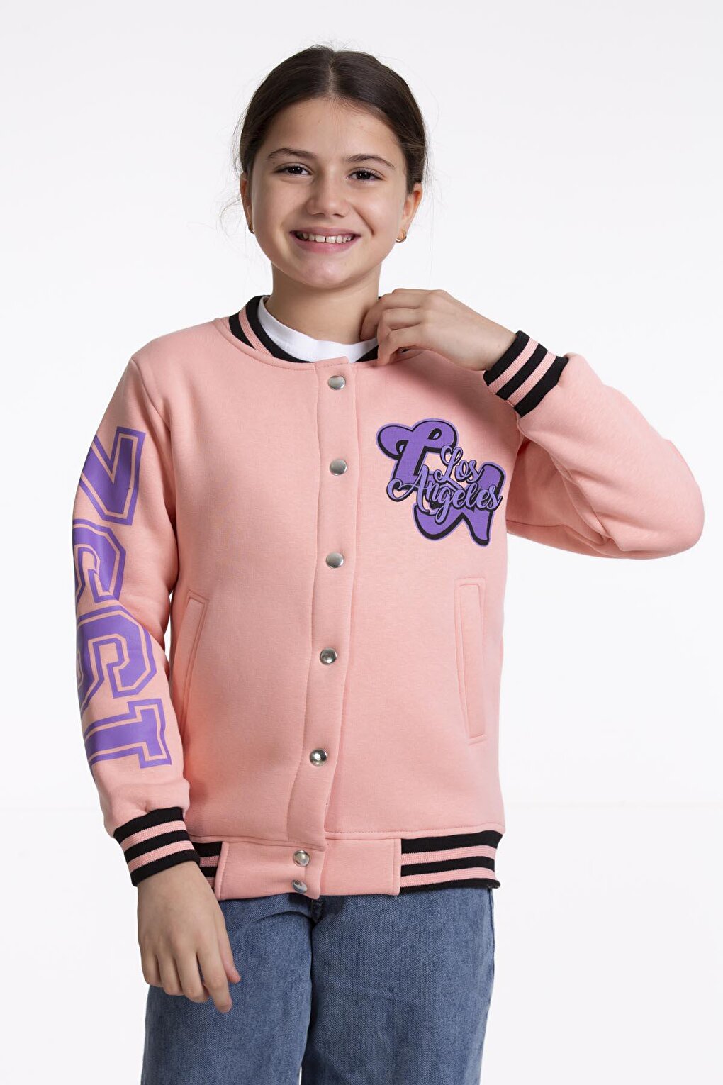 Girl's College Coat Los Angeles Printed Button-Up Snap Bomber Jacket AK2512339