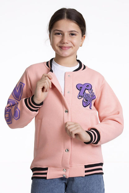 Girl's College Jacket Los Angeles Printed Buttoned Snap Fastener Bomber Jacket AK2512339