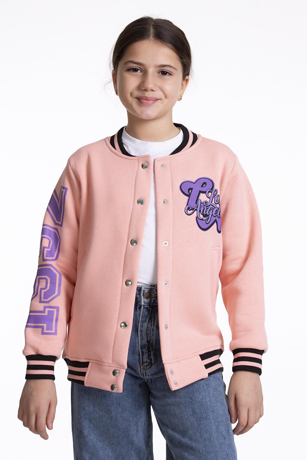 Girl's College Coat Los Angeles Printed Button-Up Snap Bomber Jacket AK2512339