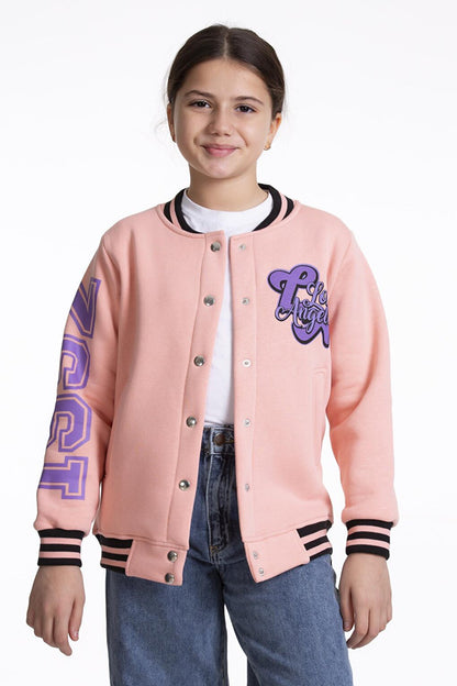 Girl's College Coat Los Angeles Printed Button-Up Snap Bomber Jacket AK2512339