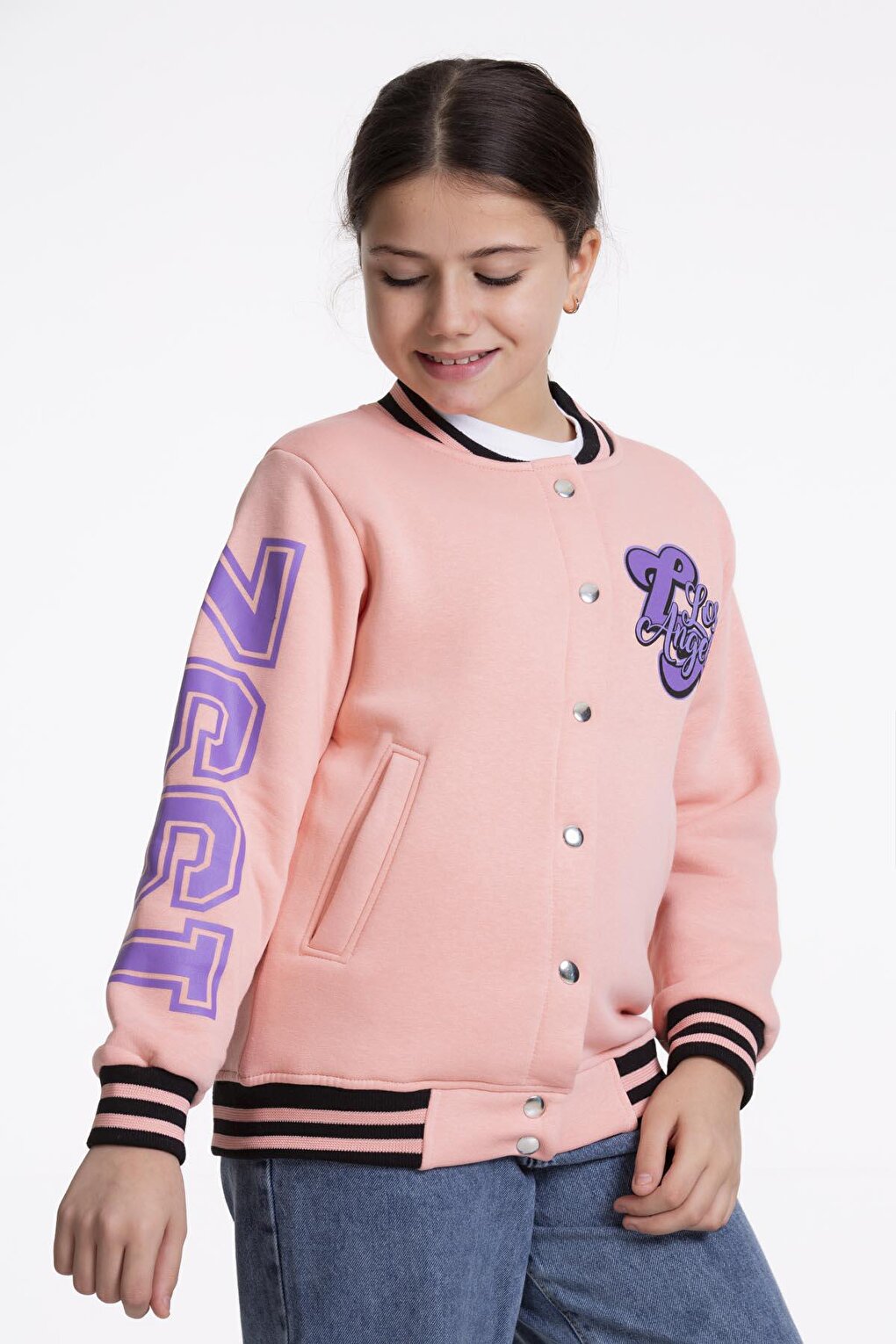 Girl's College Coat Los Angeles Printed Button-Up Snap Bomber Jacket AK2512339