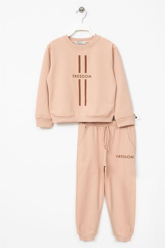 Boy's Beige Colored Freedom Printed Tracksuit