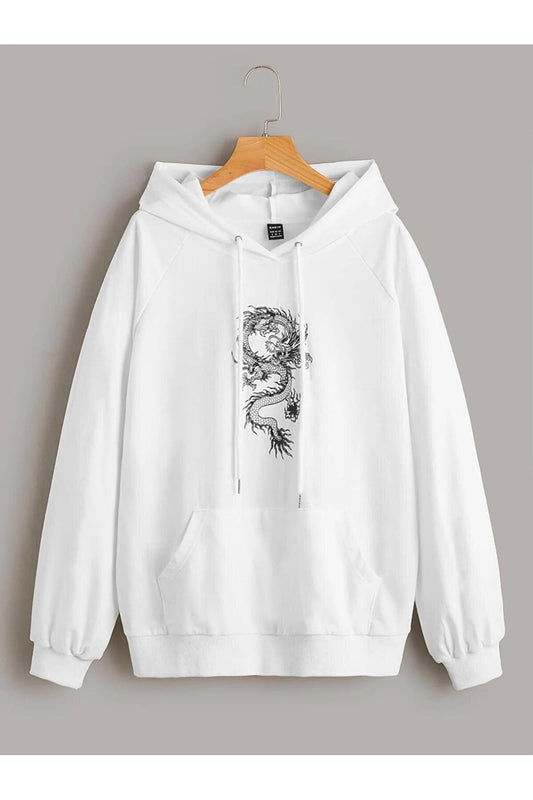 Women's WHITE Hooded Oversize Front Dragon Printed Hoodie Sweatshirt