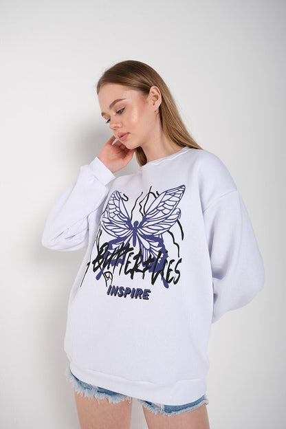 Women's WHITE Butterflies Inspire Printed Oversize Sweatshirt 000