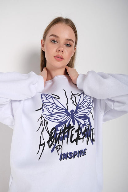 Women's WHITE Butterflies Inspire Printed Oversize Sweatshirt 000