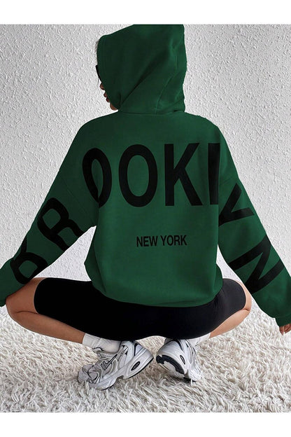 Women's Navy Green Sleeves Brooklyn New York Printed Oversize Hooded Sweatshirt Hoodie