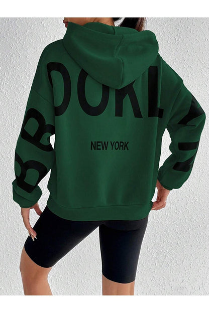 Women's Navy Green Sleeves Brooklyn New York Printed Oversize Hooded Sweatshirt Hoodie