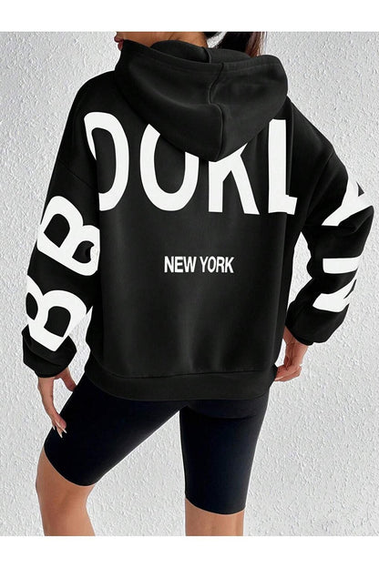 Women's Black Sleeves Brooklyn New York Printed Oversize Hooded Sweatshirt Hoodie