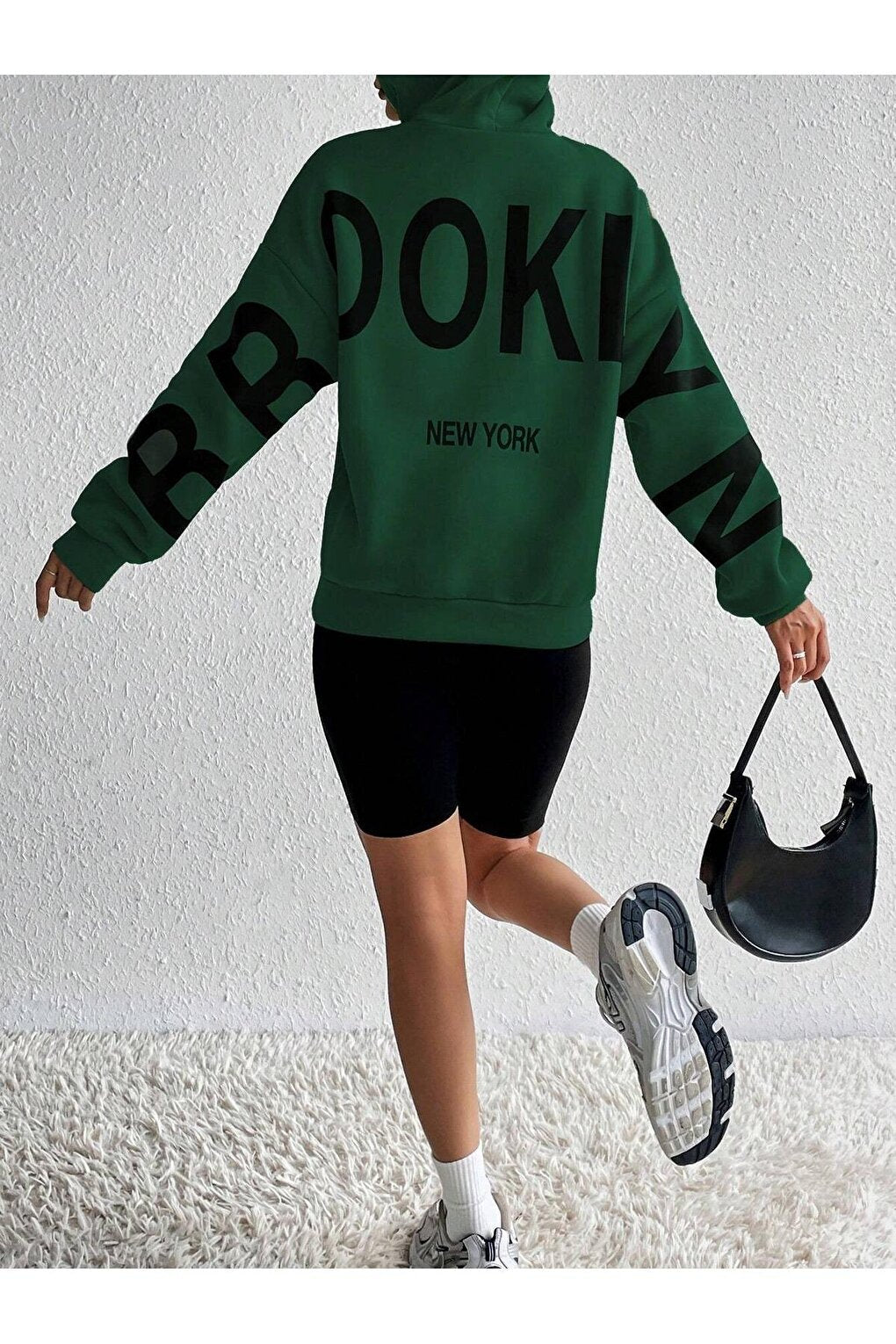 Women's Navy Green Sleeves Brooklyn New York Printed Oversize Hooded Sweatshirt Hoodie