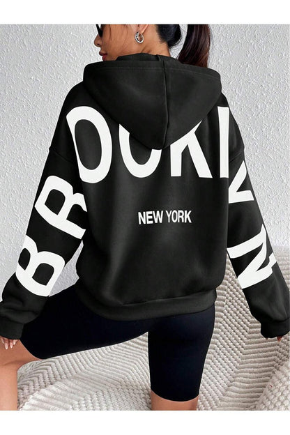 Women's Black Sleeves Brooklyn New York Printed Oversize Hooded Sweatshirt Hoodie