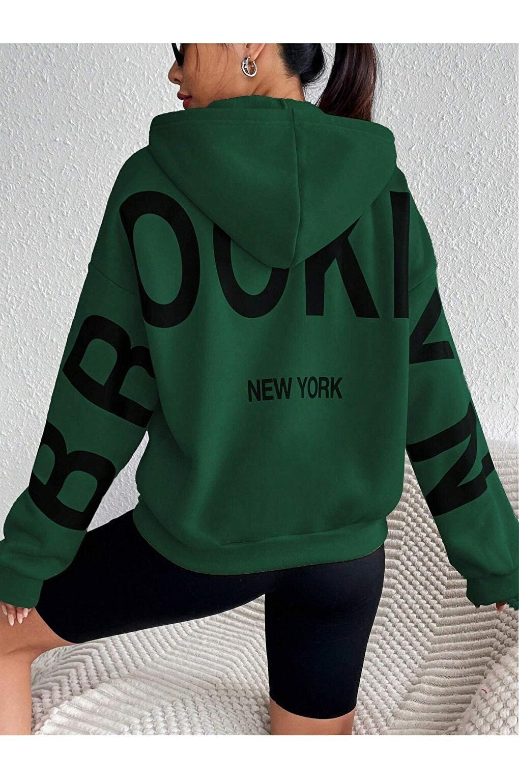 Women's Navy Green Sleeves Brooklyn New York Printed Oversize Hooded Sweatshirt Hoodie