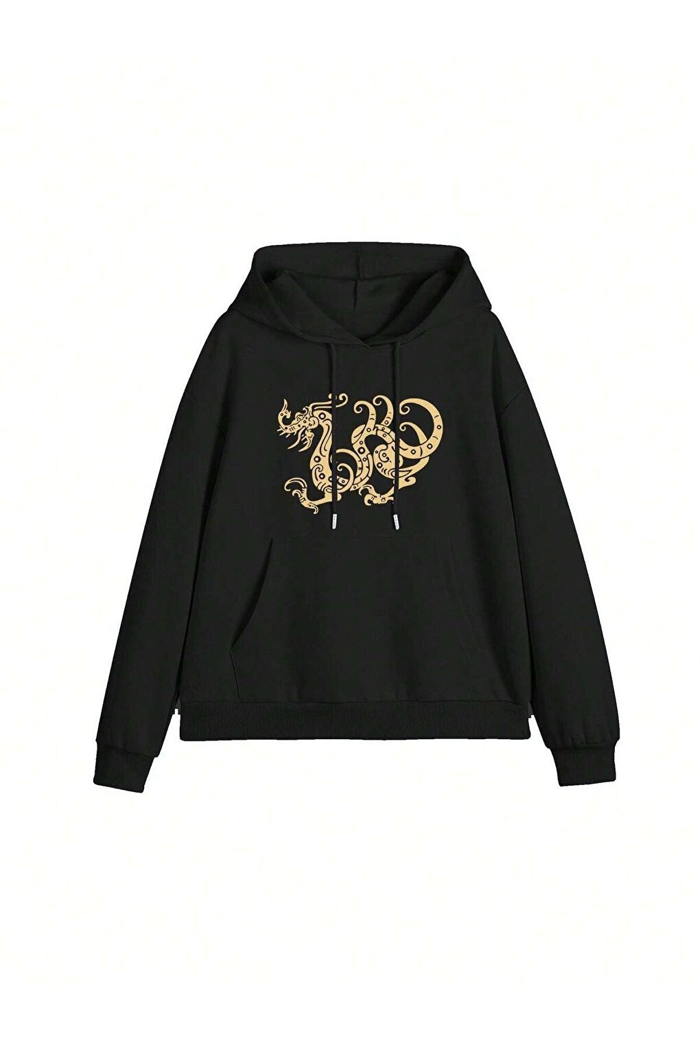 Women's Black Dragon Pattern Printed Oversize Hooded Sweatshirt Hoodie