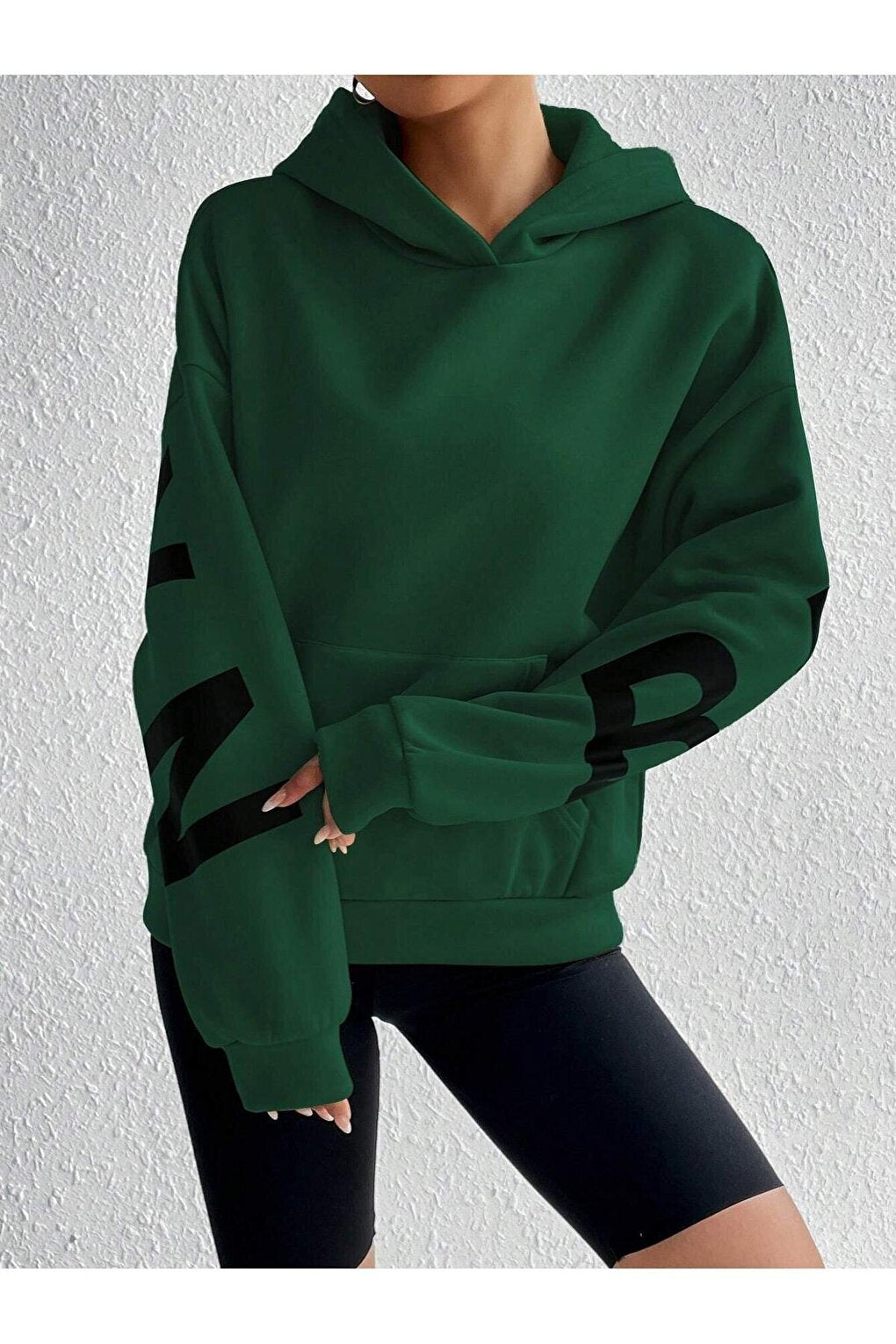 Women's Navy Green Sleeves Brooklyn New York Printed Oversize Hooded Sweatshirt Hoodie