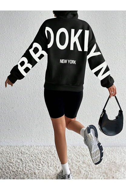 Women's Black Sleeves Brooklyn New York Printed Oversize Hooded Sweatshirt Hoodie