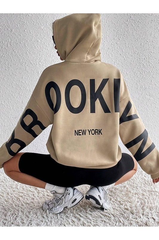 Women's Mink Sleeves Brooklyn New York Printed Oversize Hooded Sweatshirt Hoodie