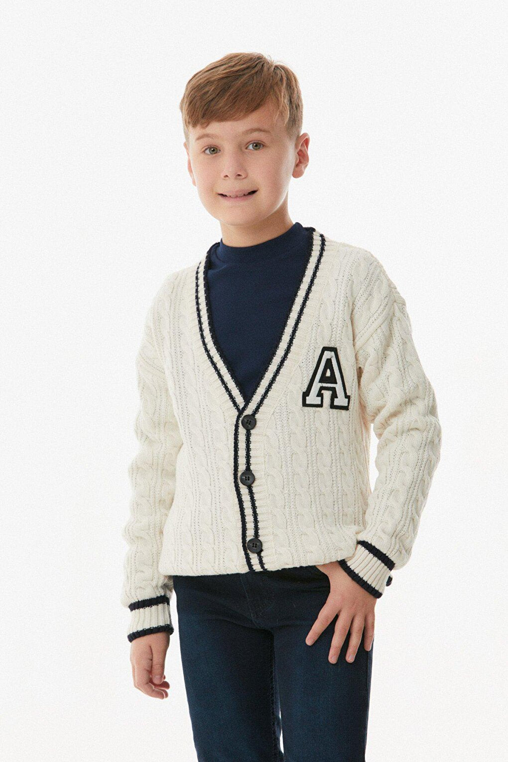 Braided Embroidered Boy's Knitwear Cardigan