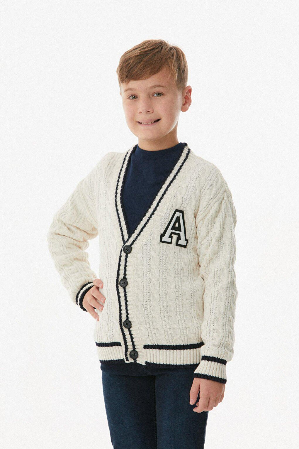 Braided Embroidered Boy's Knitwear Cardigan