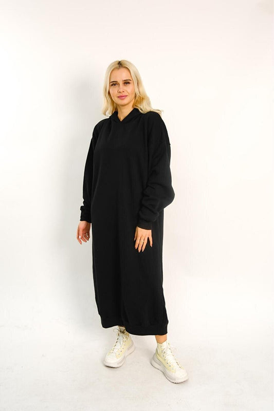 Black Plain Hooded Long Oversize Dress with Stripe Detail