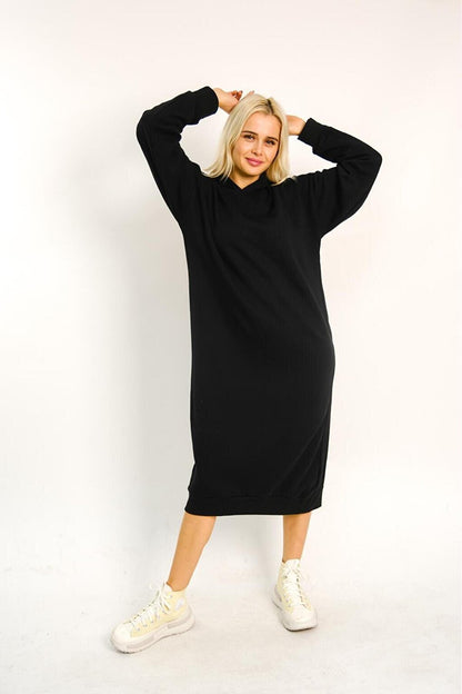 Black Plain Hooded Long Oversize Dress with Stripe Detail