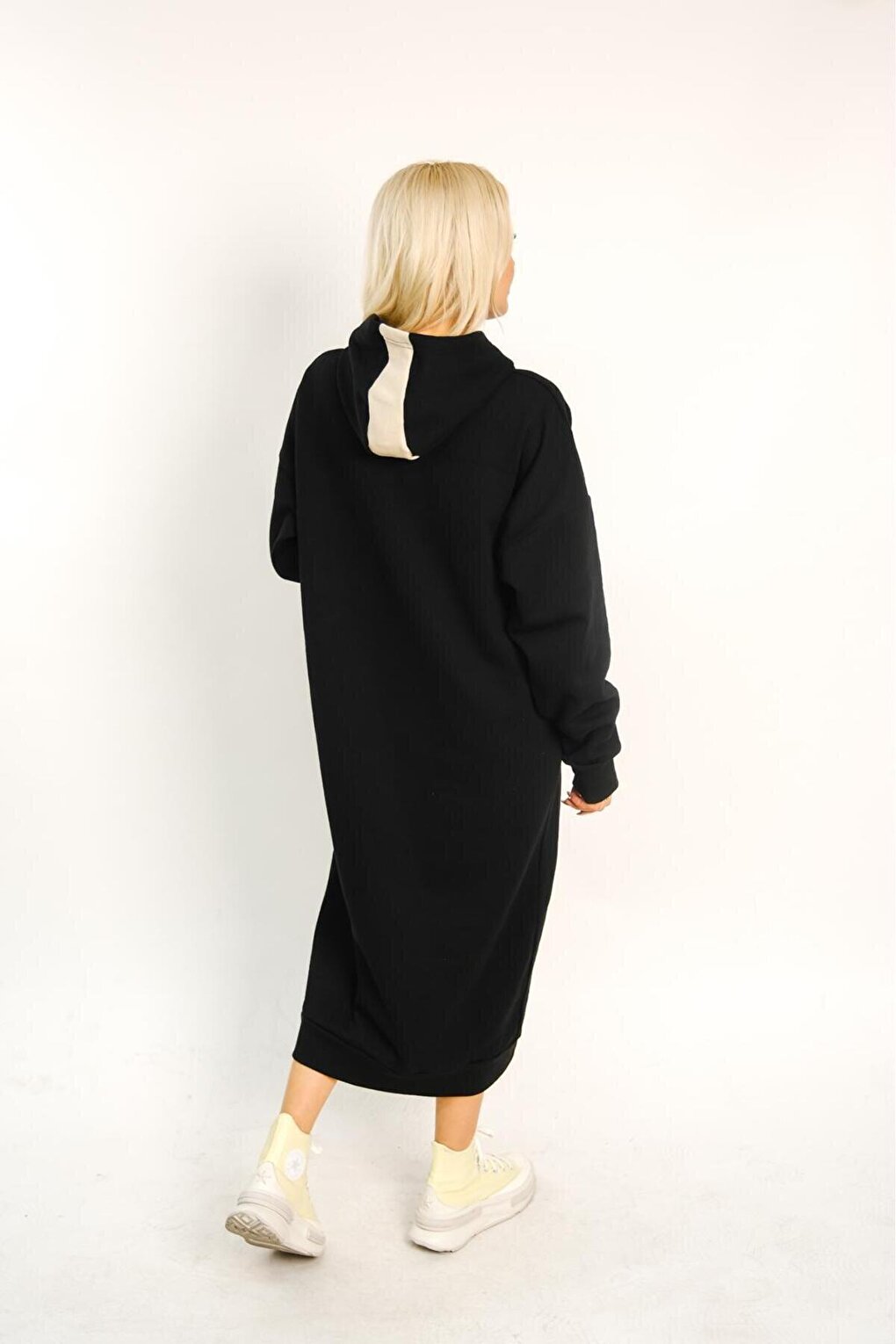 Black Plain Hooded Long Oversize Dress with Stripe Detail