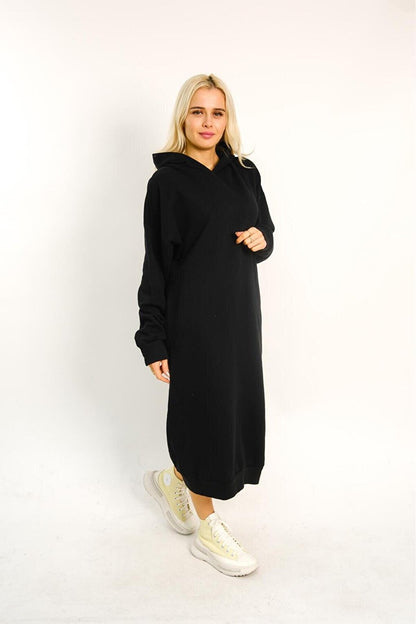 Black Plain Hooded Long Oversize Dress with Stripe Detail