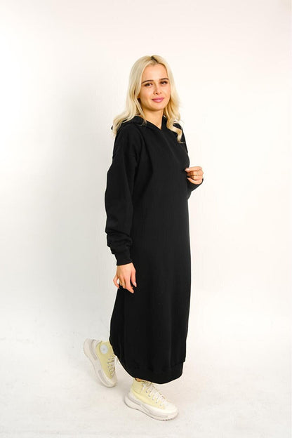 Black Plain Hooded Long Oversize Dress with Stripe Detail