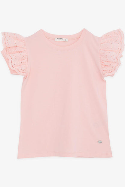 Girl's T-Shirt Sleeves Salmon with Embroidery Guipure (6-12 Years)