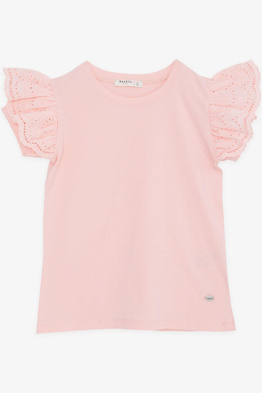 Girl's T-Shirt Sleeves Salmon with Embroidery Guipure (6-12 Years)