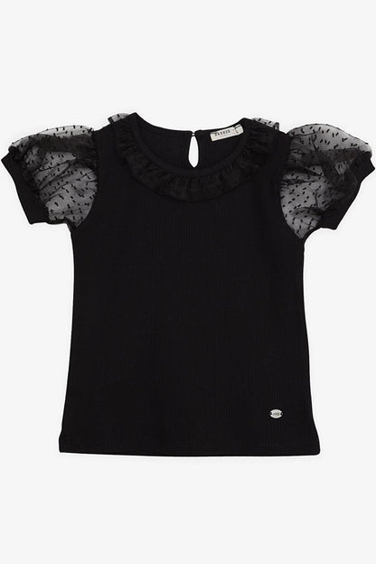 Girl's T-Shirt Sleeves Tulle Collar Black (Ages 7-12)