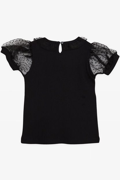 Girl's T-Shirt Sleeves Tulle Collar Black (Ages 7-12)