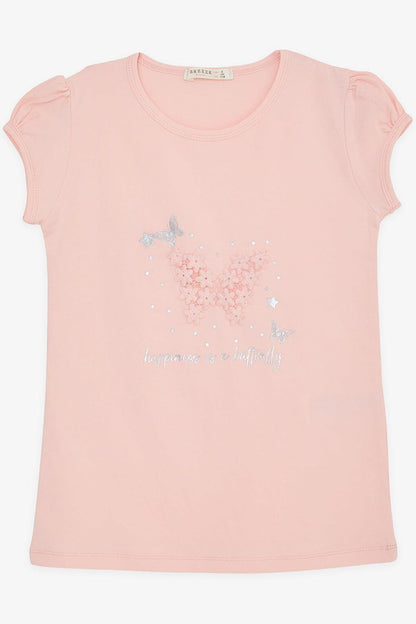 Girl's T-Shirt Butterfly Printed Embroidered Salmon (Age 4-8)