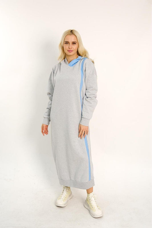 Gray Hooded Long Oversize Dress with Blue Stripe Detail on the Side