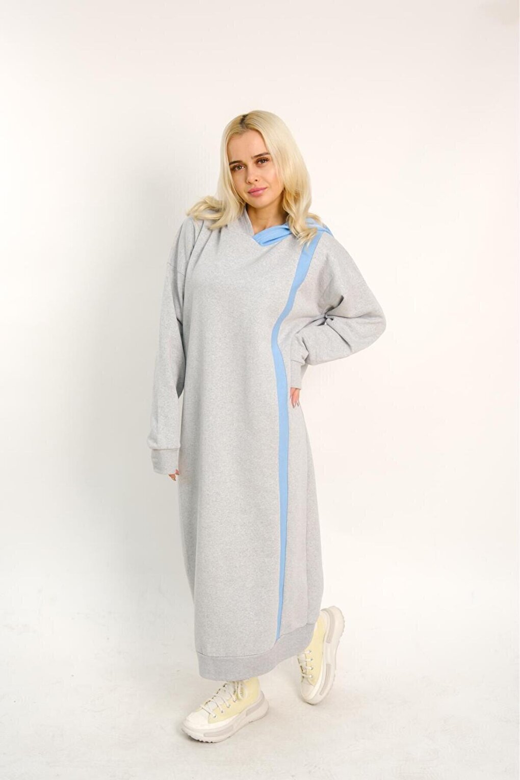 Gray Hooded Long Oversize Dress with Blue Stripe Detail on the Side