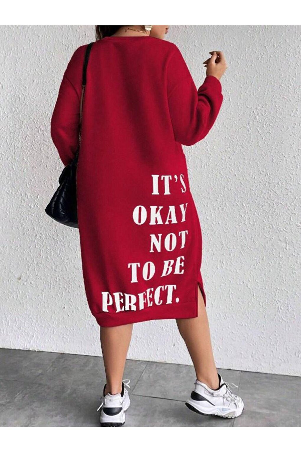 Red Oversize Midi Dress with Slits on the Sides and Text on the Back