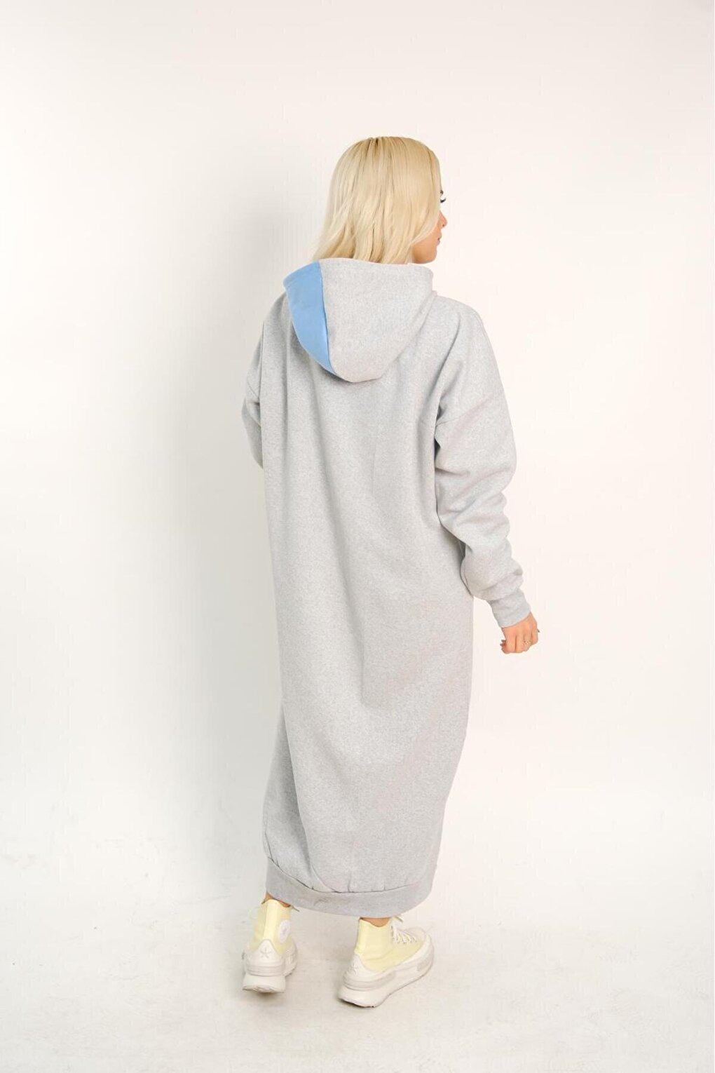 Gray Hooded Long Oversize Dress with Blue Stripe Detail on the Side