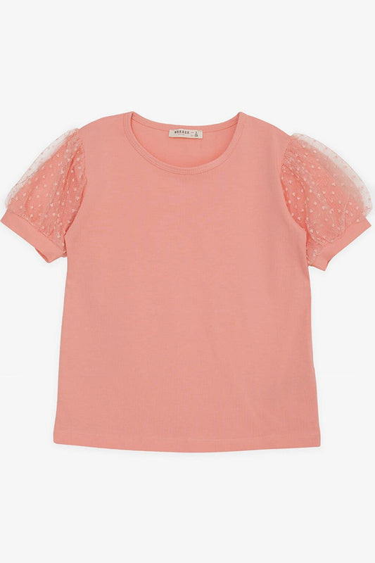 Girl's T-Shirt Salmon with Tulle Sleeves (8-12 Years)