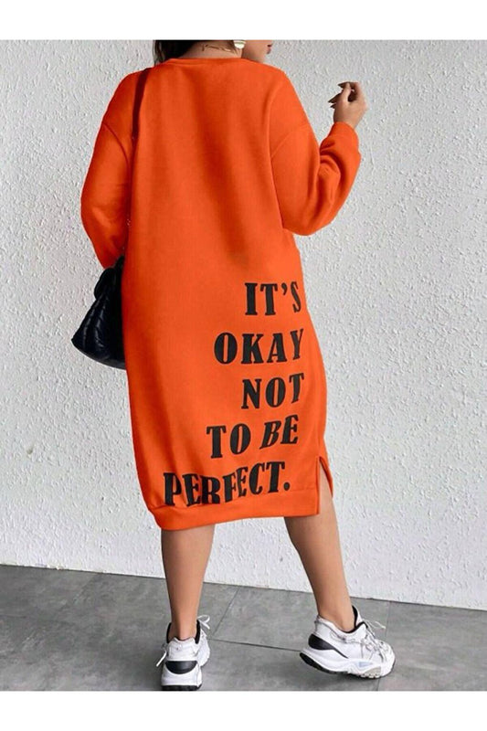 Orange Oversize Midi Dress with Slits on the Sides and Text on the Back