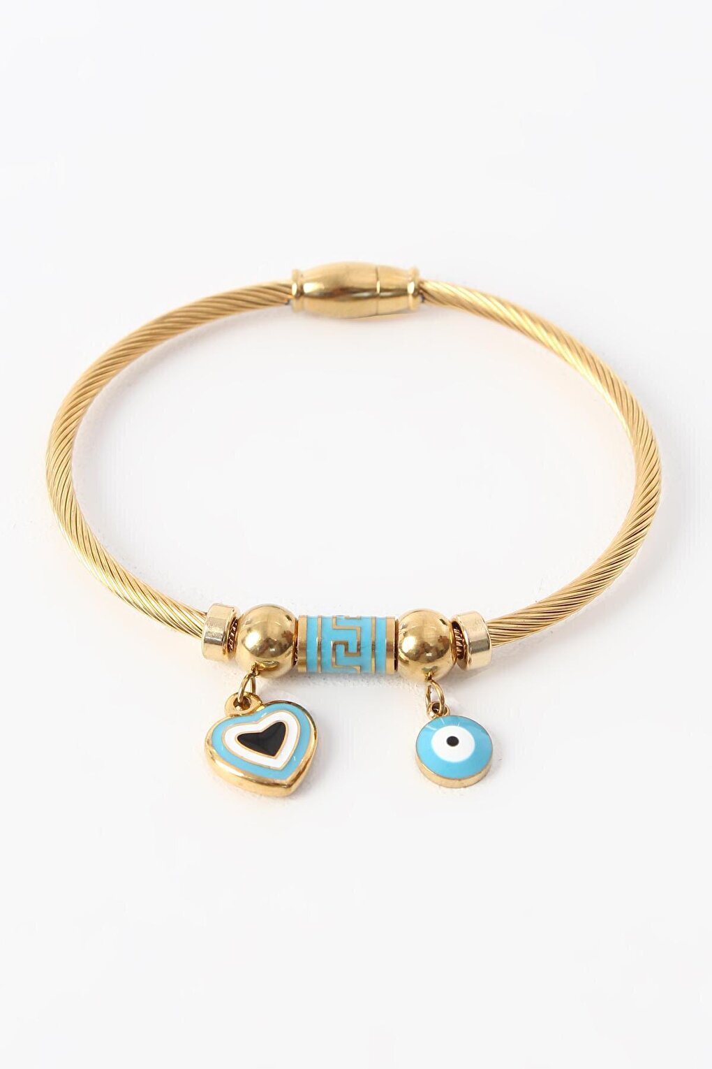 Steel Bracelet with Gold Heart and Evil Eye Beads