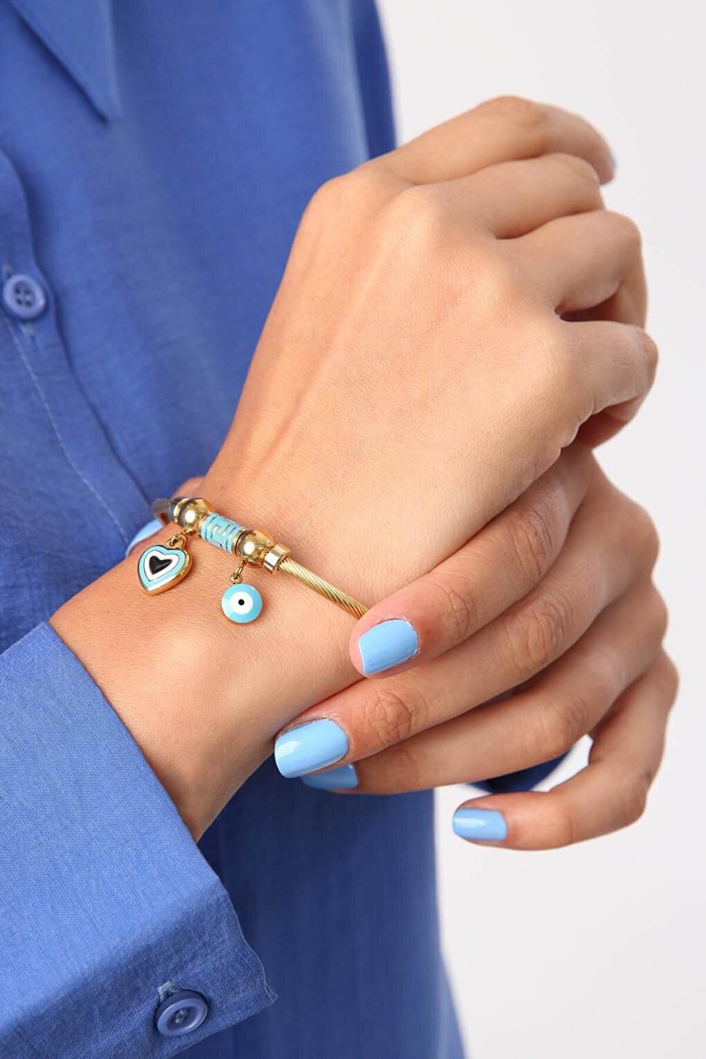 Steel Bracelet with Gold Heart and Evil Eye Beads