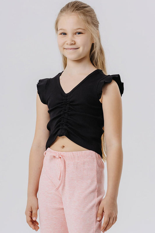 Girl's Crop T-Shirt Lace-Up Ruffled Black (Ages 8-14)